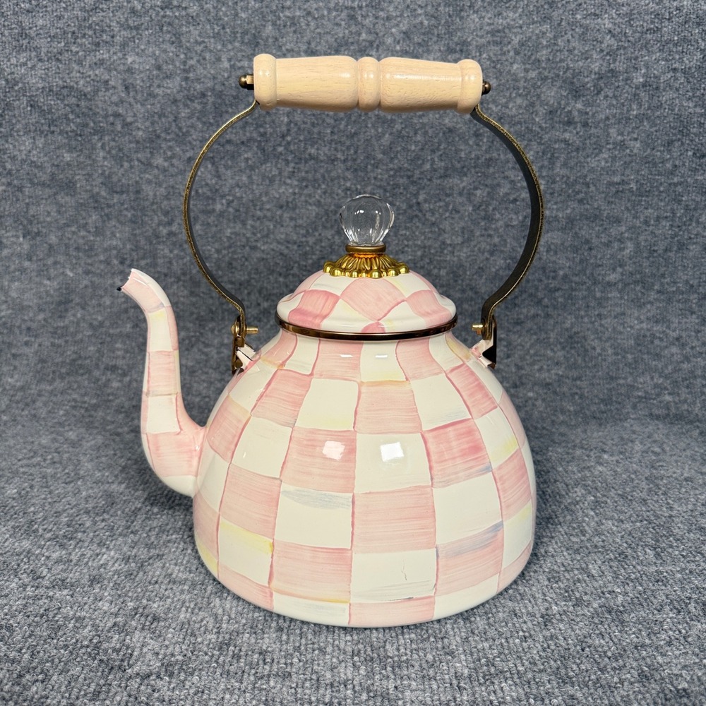 New Mackenzie Tea Kettle Childs 3 Quart Enamel Rosy Check Pink Plaid